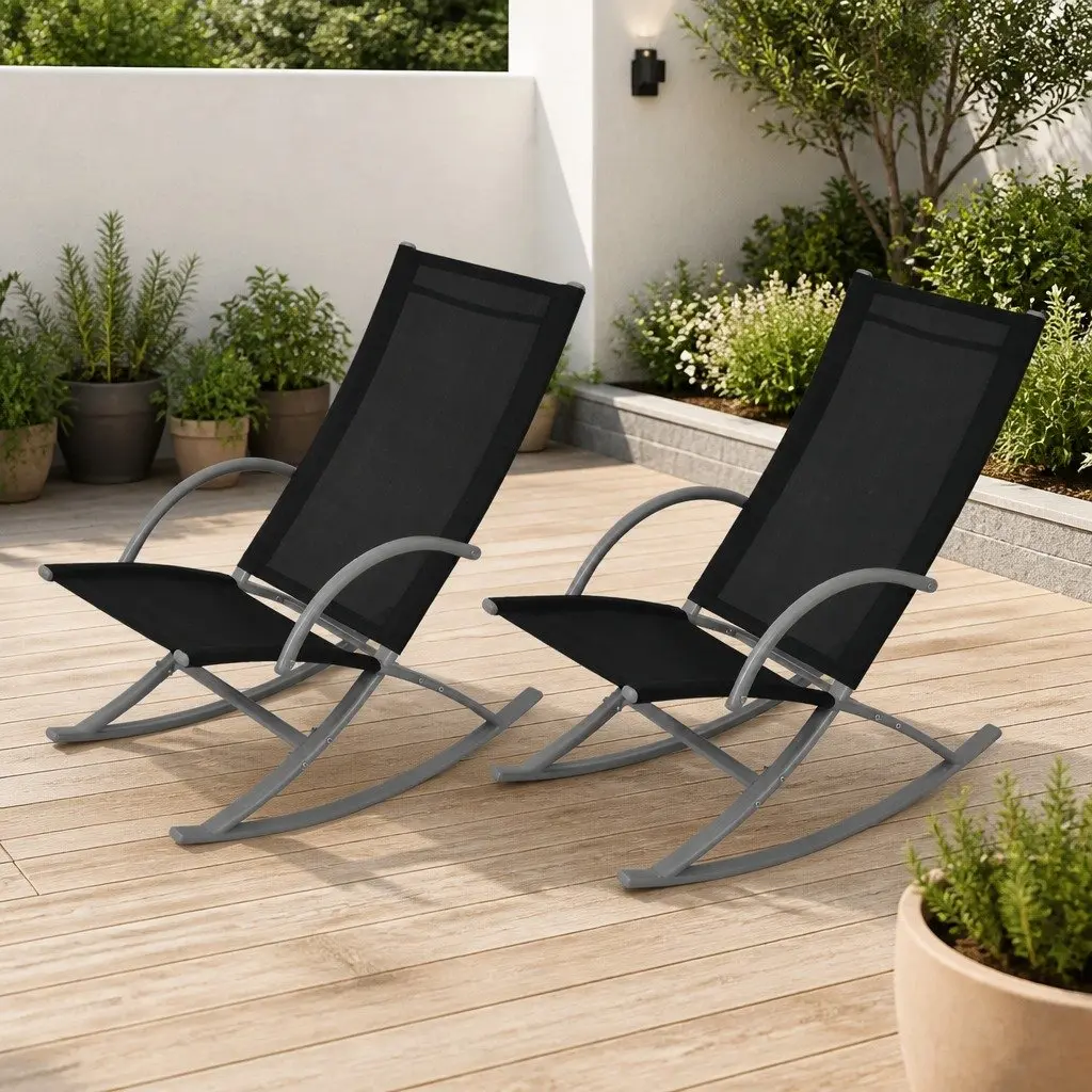 Outdoor Rocking Chairs Set of 2 Black Steel Frame Textilene Fabric