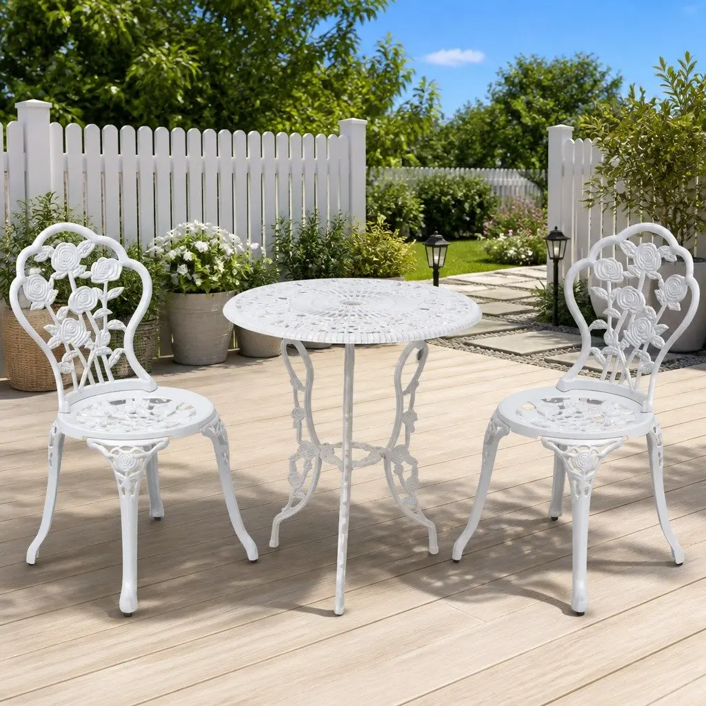3 Piece Bistro Set Round Table 2 Chairs Cast Aluminium Weather Resistant White