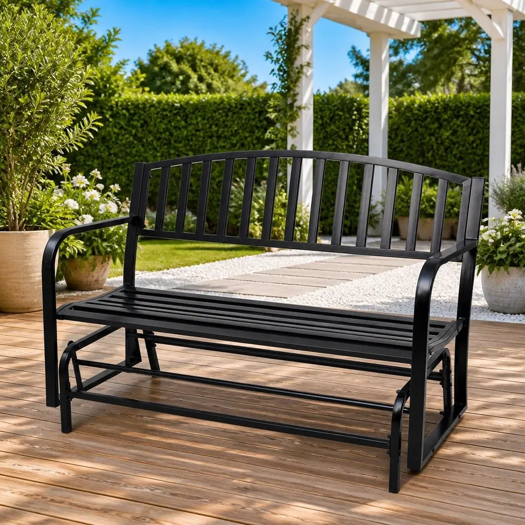 Swing Bench Black Steel Weather-Resistant Two Person Outdoor Seating