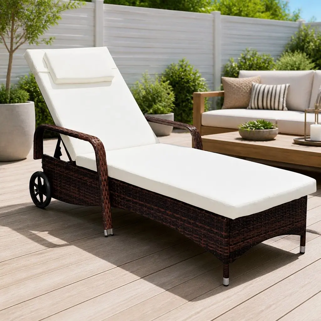 Sun Lounger Adjustable Backrest with Cushion Wheels Outdoor Reclining Chair