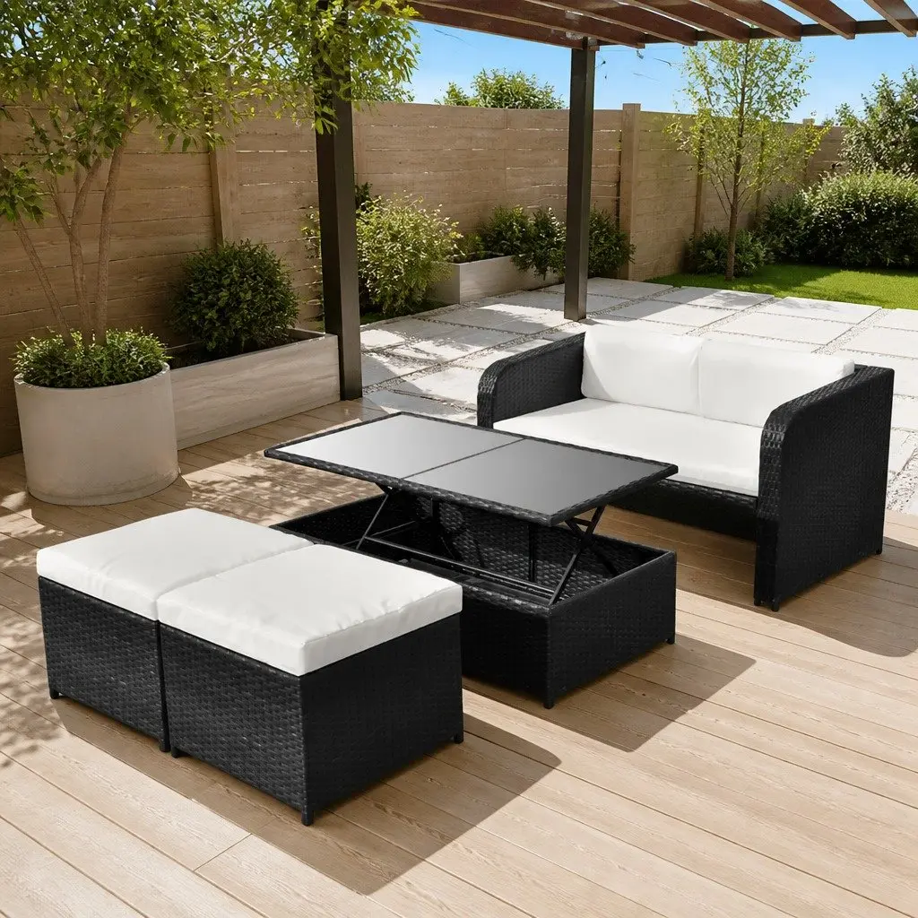 Garden Lounge Set Outdoor Furniture with Lift-Up Coffee Table and Cushions 4 Piece