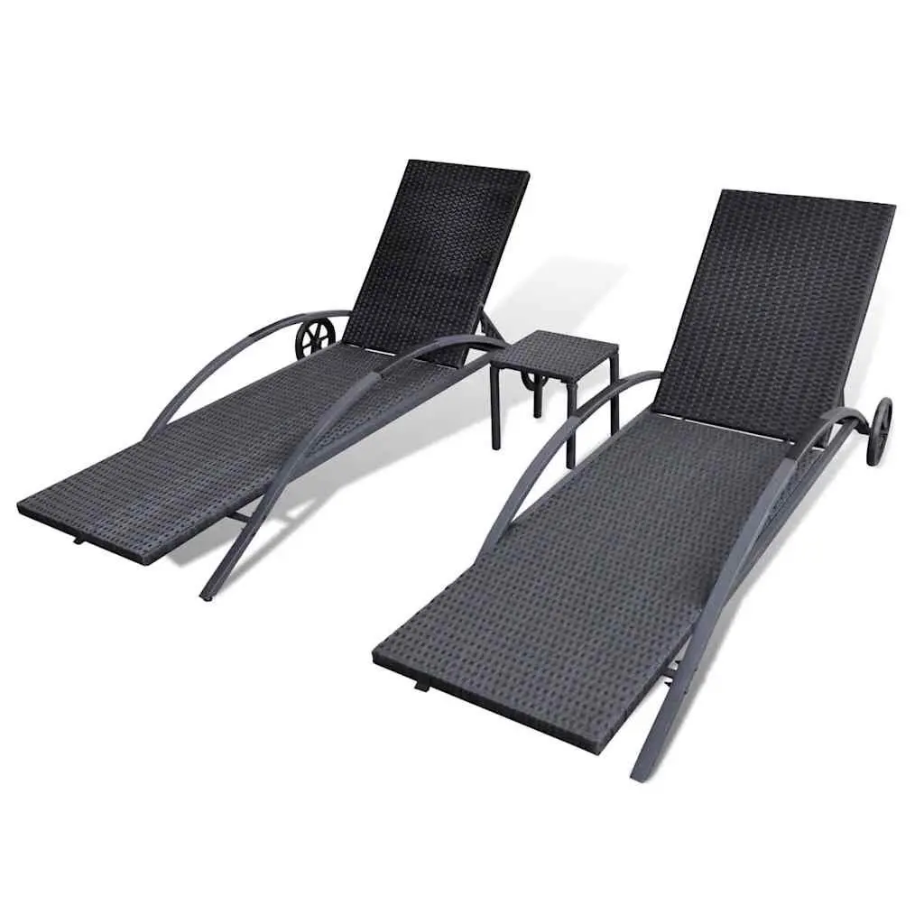 Sun Loungers Adjustable PE Rattan Black Outdoor Patio Garden Furniture Set 3 Piece