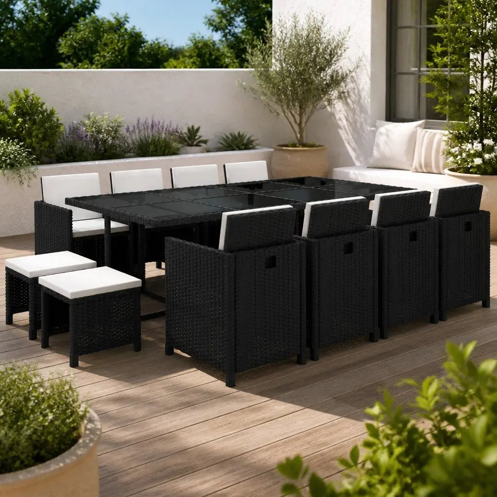 Outdoor Dining Set 13 Piece Weather Resistant Poly Rattan Garden Furniture Table Chairs Stools