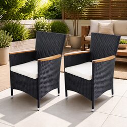 Outdoor Garden Chairs 2 pcs Black Poly Rattan Patio Seating with Cushions
