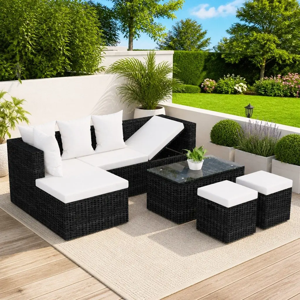 Garden Lounge Set Black 4 Piece Outdoor Furniture Corner Sofa with Cushions