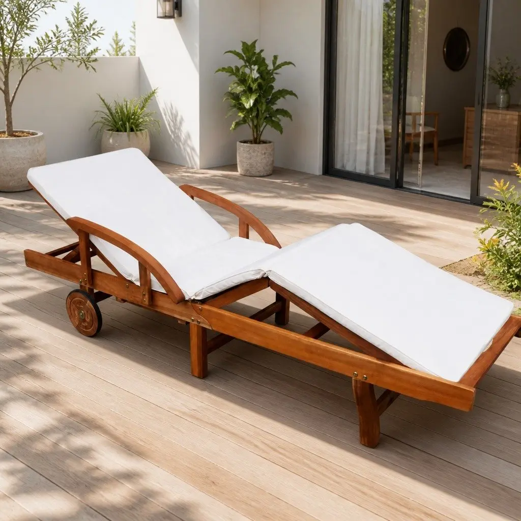 Sun Lounger Wooden Adjustable Backrest 5 Position with Wheels and Cushion Outdoor