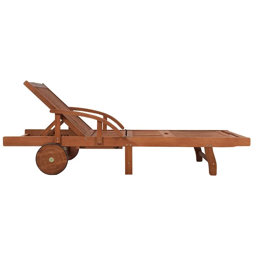 Sun Lounger Wooden Adjustable Backrest 5 Position with Wheels and Cushion Outdoor