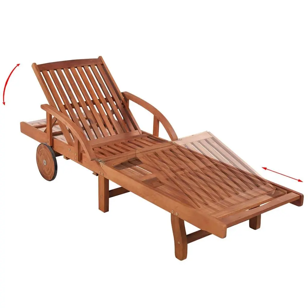 Sun Lounger Wooden Adjustable Backrest 5 Position with Wheels and Cushion Outdoor