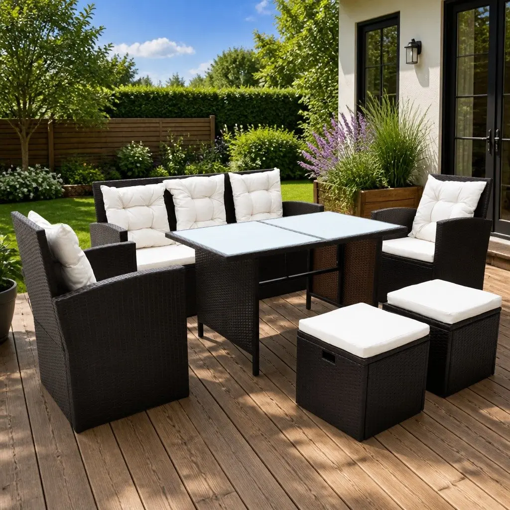 Rattan Outdoor Dining Set 7 Person Furniture with Cushions Glass Table Brown