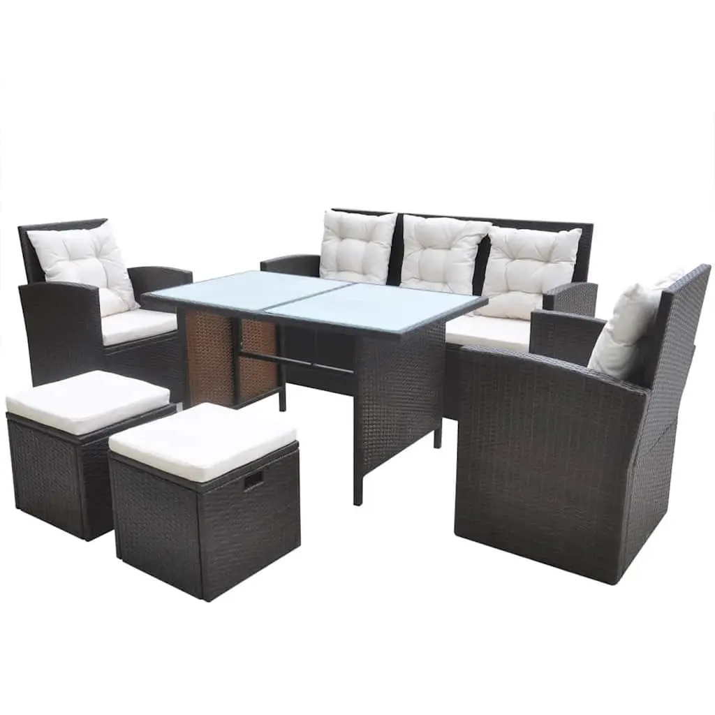 Rattan Outdoor Dining Set 7 Person Furniture with Cushions Glass Table Brown