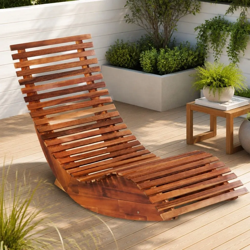 Rocking Sun Lounger Brown Ergonomic Wooden Lounge Chair