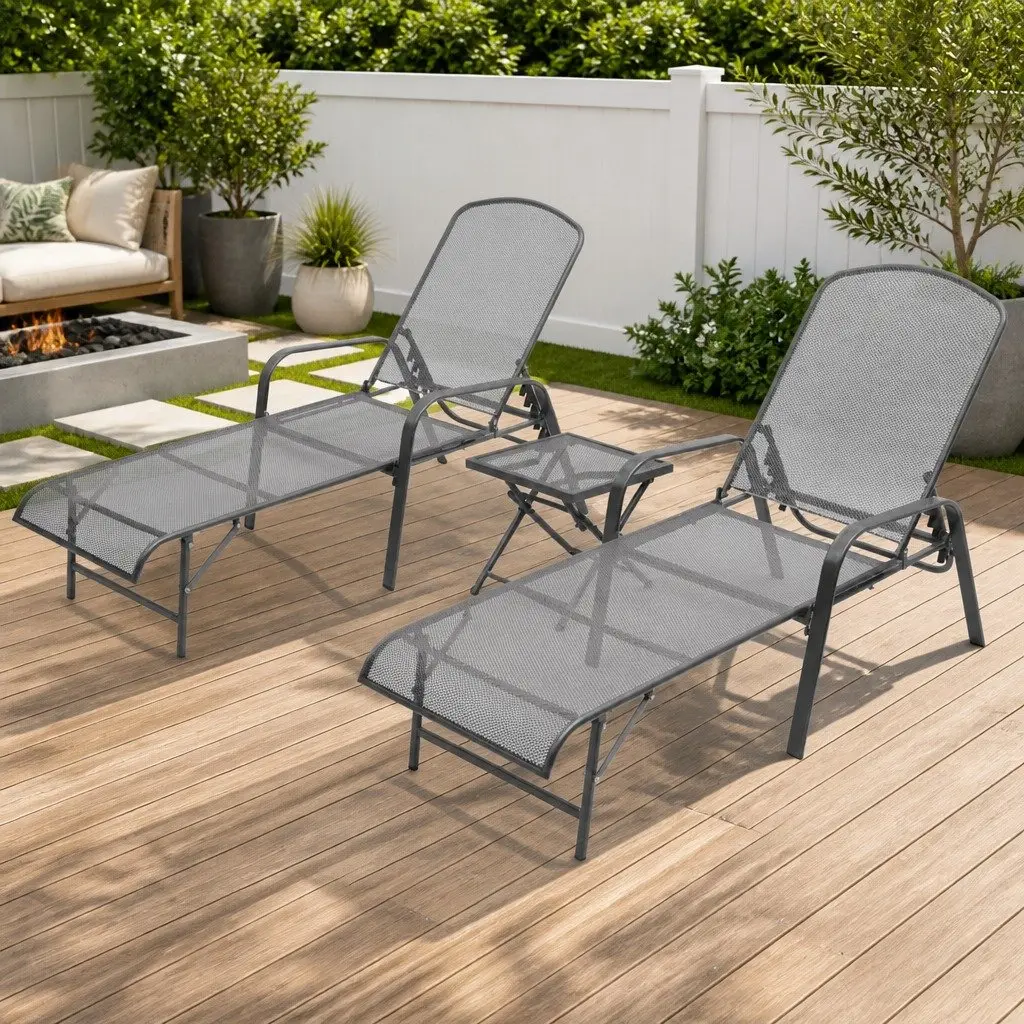 Sun Loungers Set 2 pcs with Folding Table Steel Mesh Anthracite Outdoor Seating