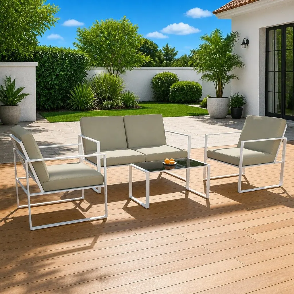 Outdoor Lounge Set White 4 Piece Sofa Chairs Coffee Table with Cushions