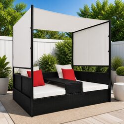 Garden Day Bed with Adjustable Canopy Black Outdoor Rattan Lounger 190x130cm