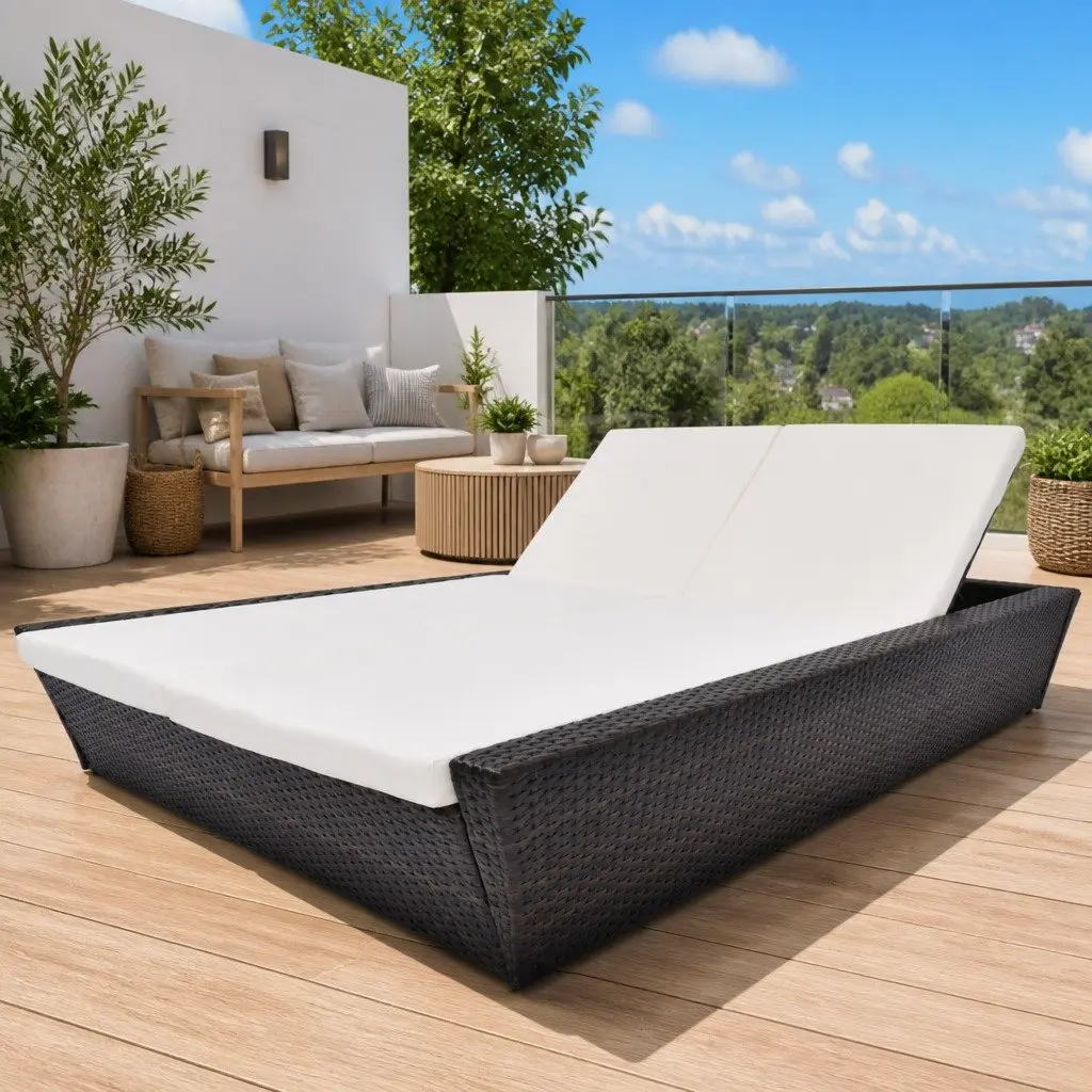Outdoor Lounge Bed Adjustable Backrests Double Size Weather-Resistant PE Rattan Brown