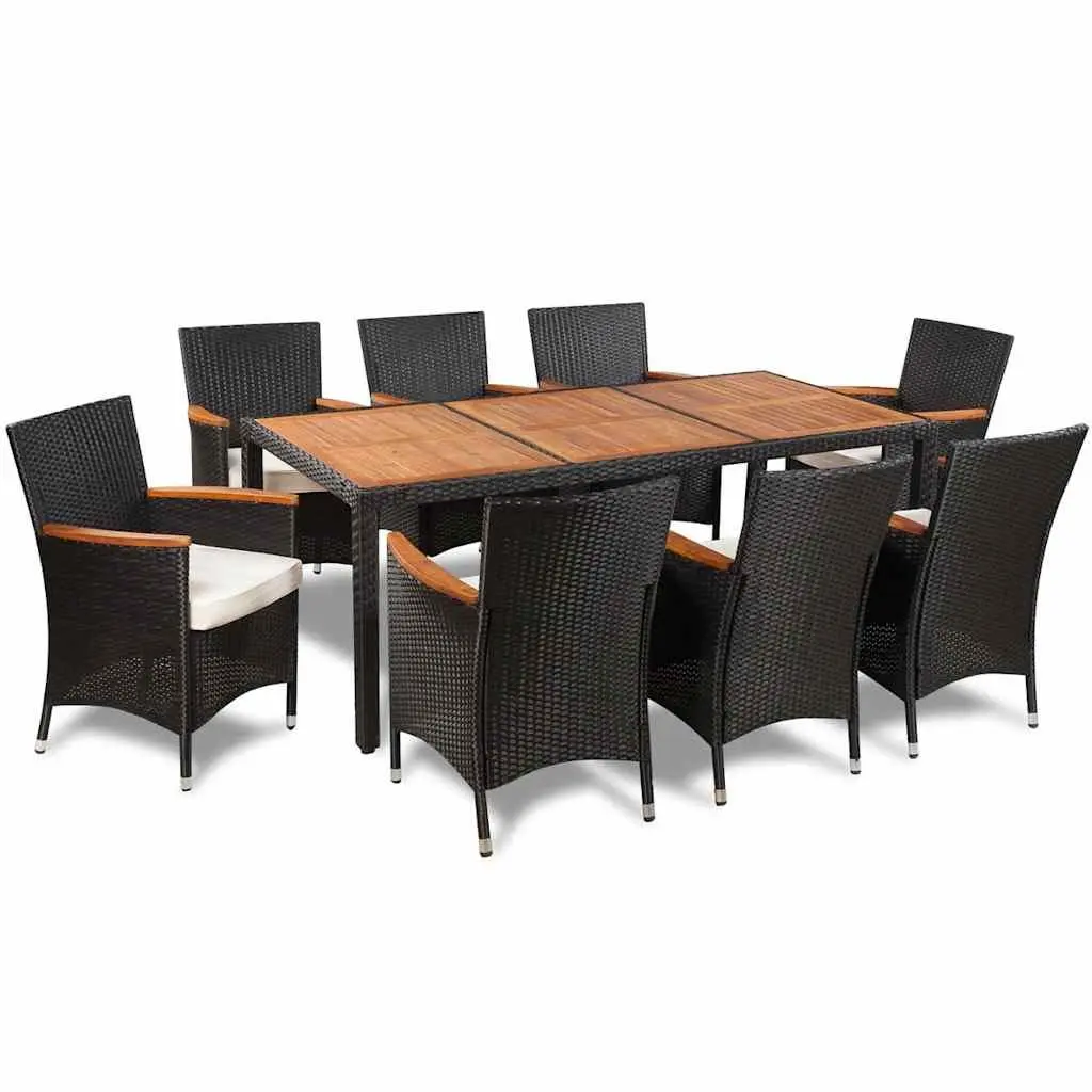 Outdoor Dining Set 9 Piece Poly Rattan Table with Acacia Wood Top and Cushions for Garden Patio