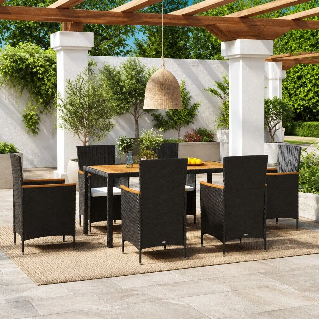 7 Piece Outdoor Dining Set Poly Rattan Table with 6 Garden Chairs and Cushions Black