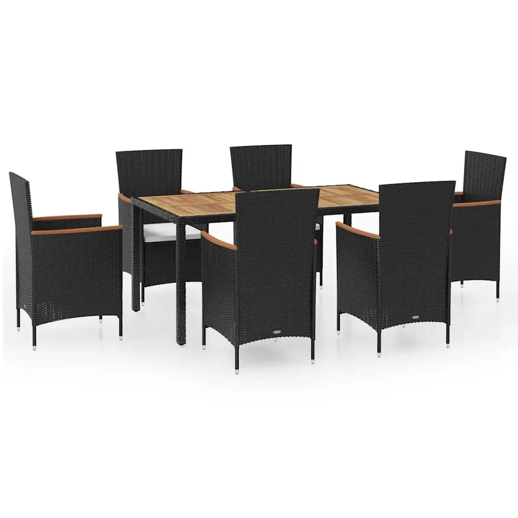 7 Piece Outdoor Dining Set Poly Rattan Table with 6 Garden Chairs and Cushions Black