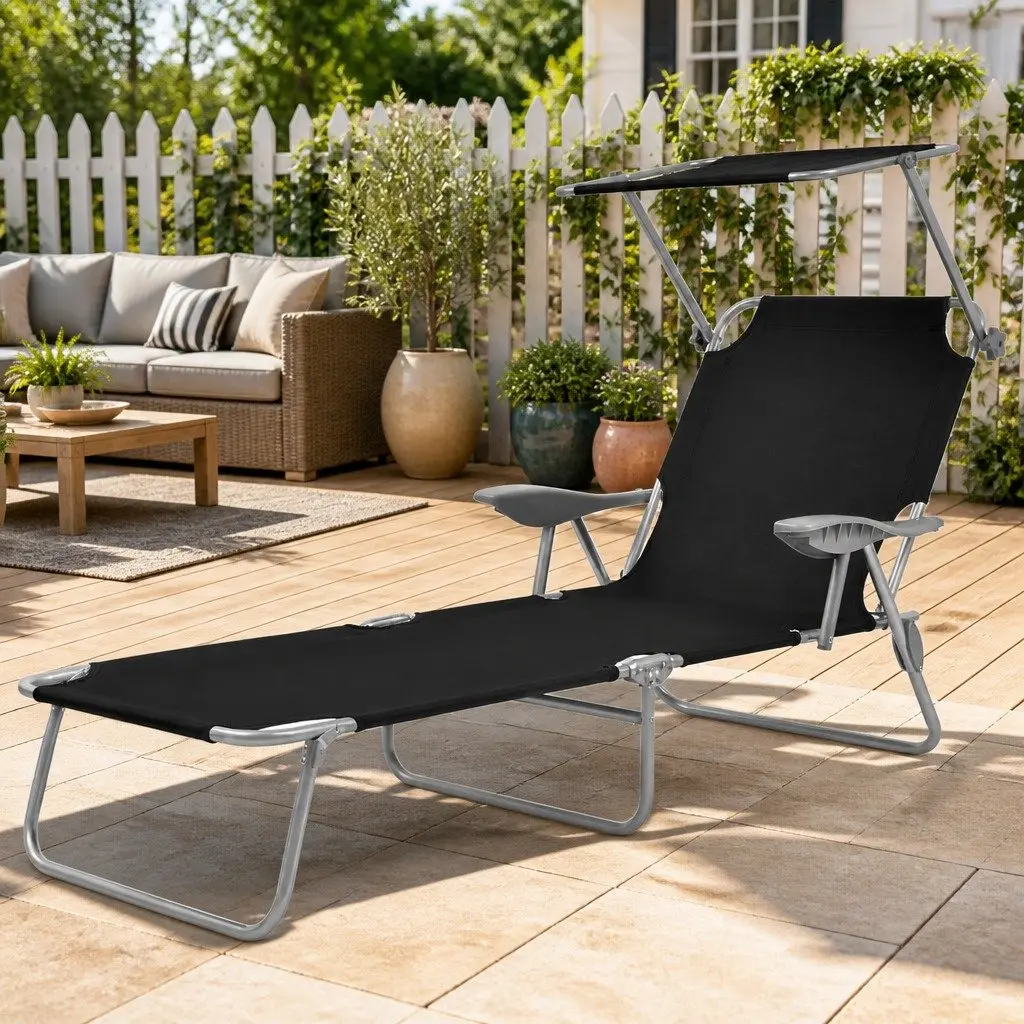 Outdoor Lounge Chair with Adjustable Canopy Foldable Sun Lounger Black