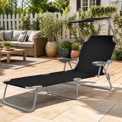 Foldable Sun Lounger with Adjustable Canopy Outdoor Beach Bed Lounge Chair Black