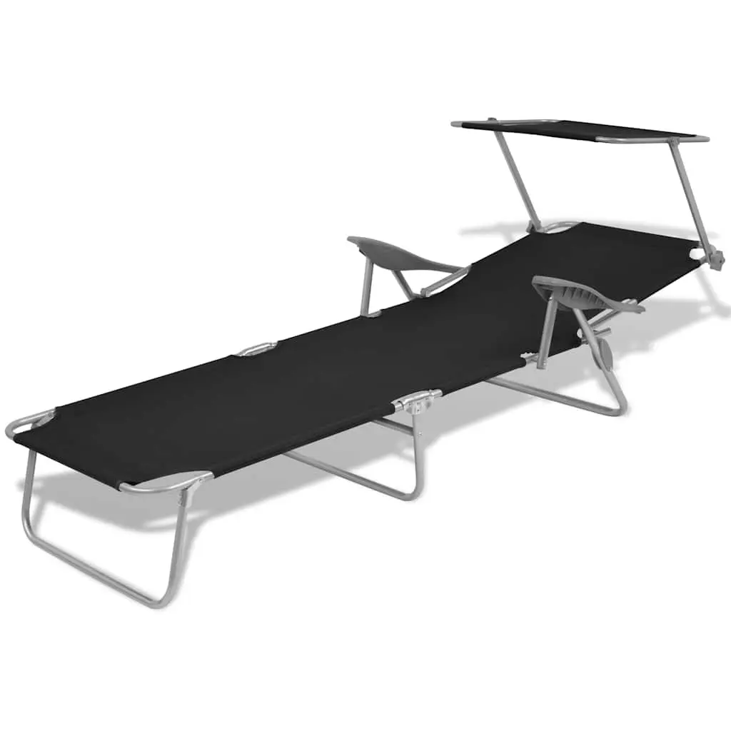 Outdoor Lounge Chair with Adjustable Canopy Foldable Sun Lounger Black