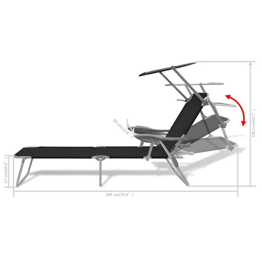 Outdoor Lounge Chair with Adjustable Canopy Foldable Sun Lounger Black