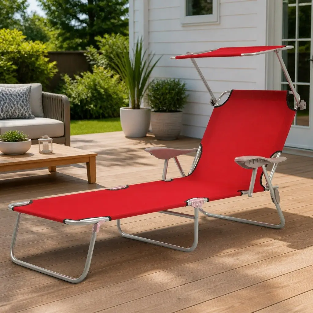 Sun Lounger Adjustable Canopy Foldable Red Outdoor Chair