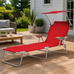 Sun Lounger with Adjustable Canopy Foldable Beach Chair Red Outdoor Seating