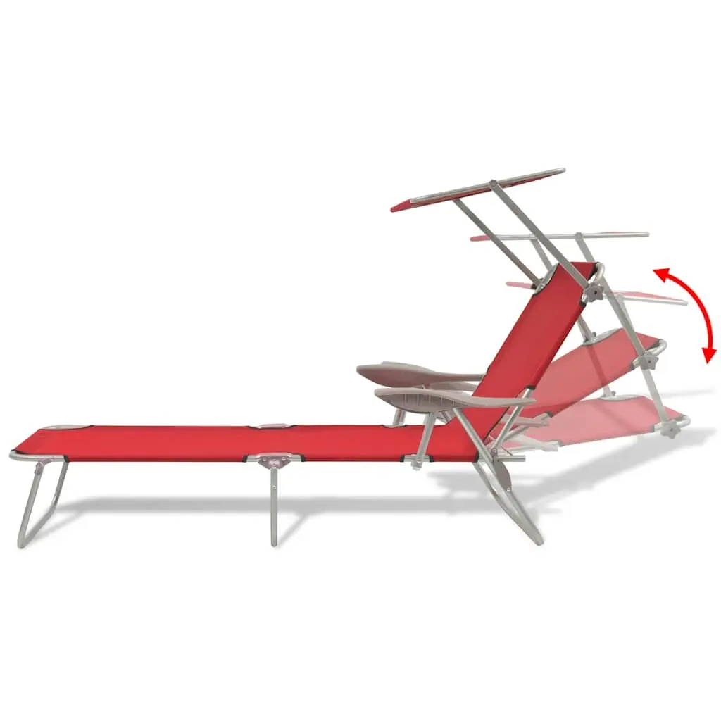 Sun Lounger Adjustable Canopy Foldable Red Outdoor Chair