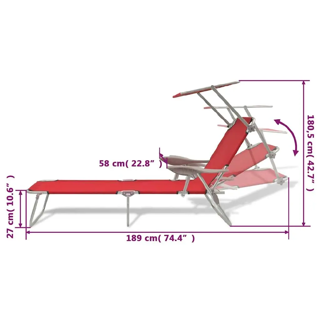 Sun Lounger Adjustable Canopy Foldable Red Outdoor Chair