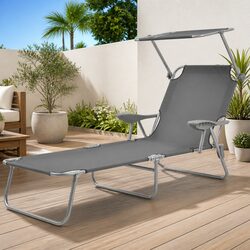 Sun Lounger with Adjustable Canopy Foldable Beach Lounge Chair Grey Outdoor