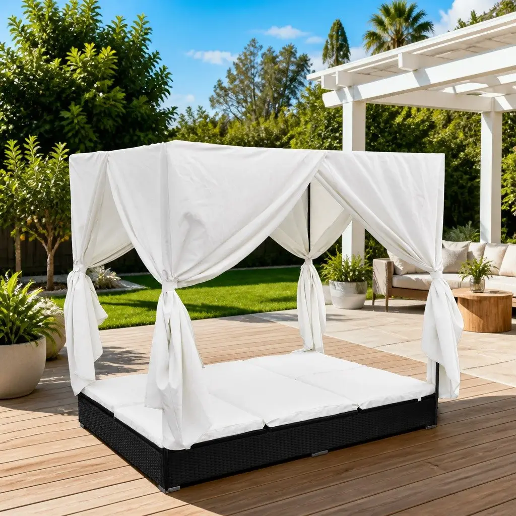 Outdoor Lounge Bed for 2 with Curtains Adjustable 7 Position Poly Rattan Daybed Sun Lounger Frame