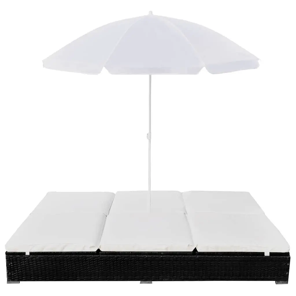 Outdoor Lounge Bed Adjustable for 2 People PE Rattan Daybed with Umbrella