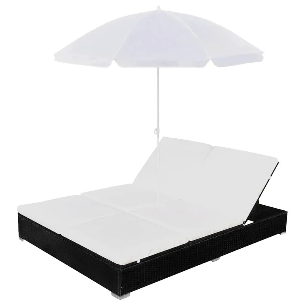 Outdoor Lounge Bed Adjustable for 2 People PE Rattan Daybed with Umbrella