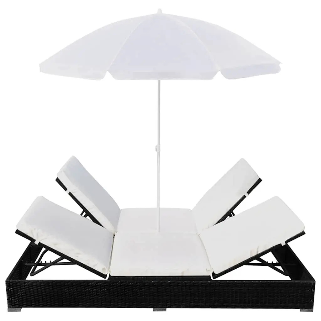 Outdoor Lounge Bed Adjustable for 2 People PE Rattan Daybed with Umbrella