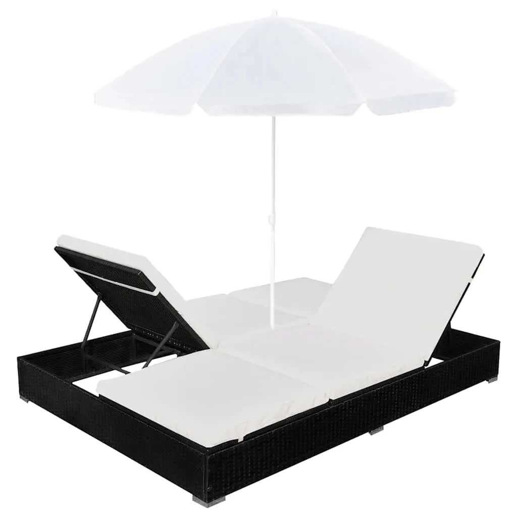 Outdoor Lounge Bed Adjustable for 2 People PE Rattan Daybed with Umbrella