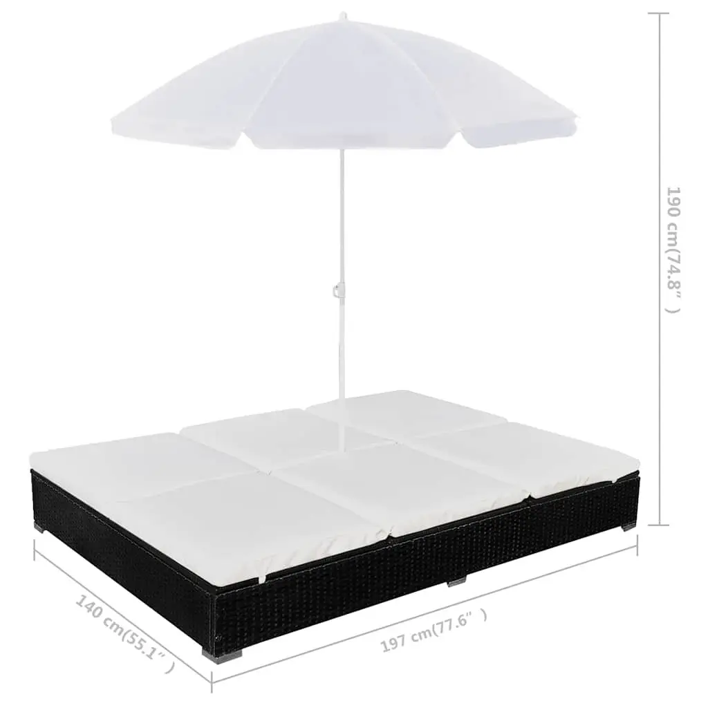 Outdoor Lounge Bed Adjustable for 2 People PE Rattan Daybed with Umbrella