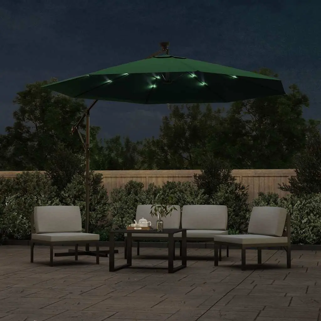 Hanging Garden Parasol 300 cm LED Lighting Green Outdoor Shade Canopy Crank