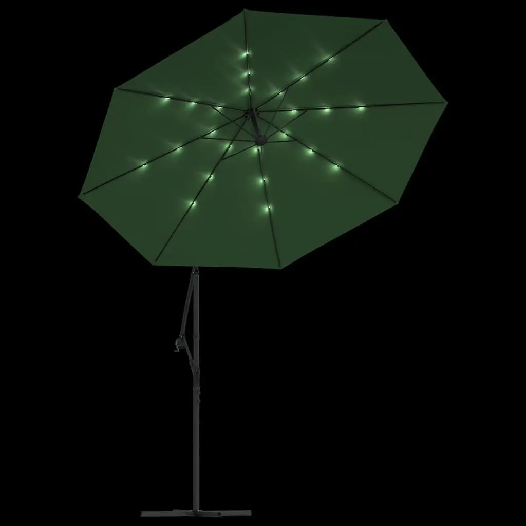 Hanging Garden Parasol 300 cm LED Lighting Green Outdoor Shade Canopy Crank