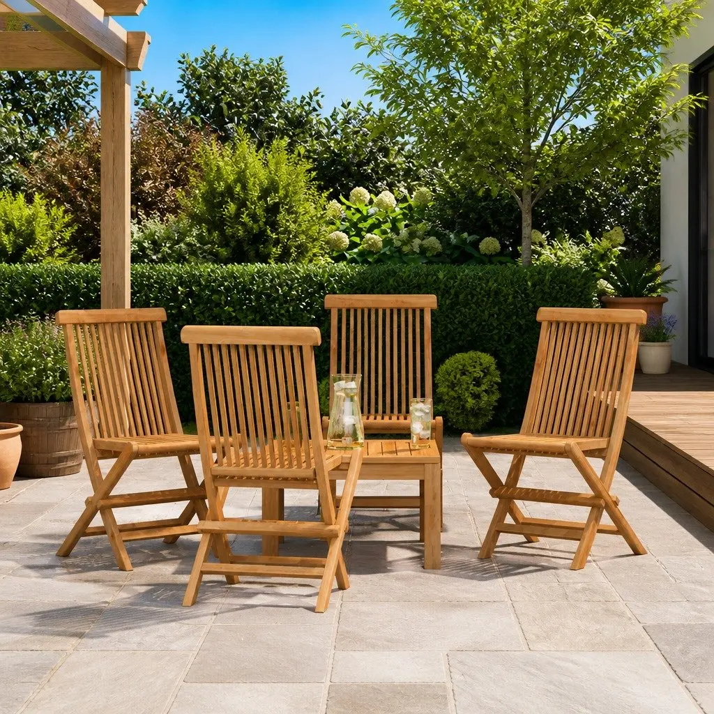 Folding Chairs Set Teak Hardwood Outdoor Garden Seating Brown 4 Piece