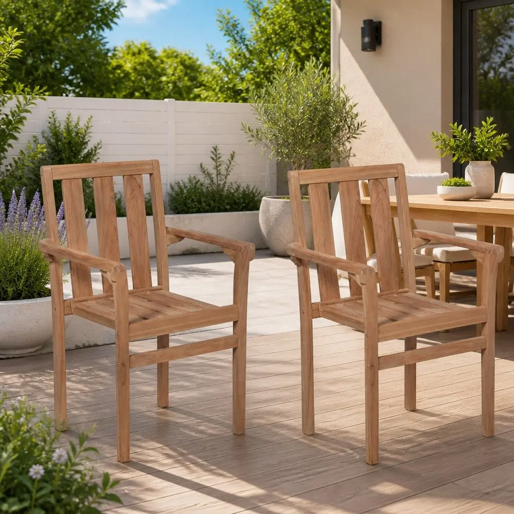 Stackable Outdoor Chairs Set Teak Wood Brown