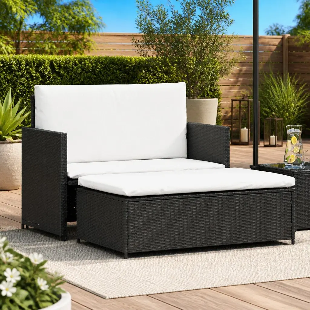 2 Piece Garden Lounge Set Black Weather-Resistant PE Rattan Outdoor Sofa Stool
