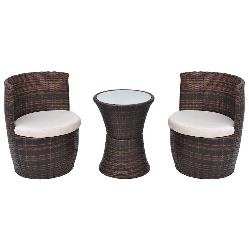 3 Piece Bistro Set Outdoor Rattan Table with Cushions and Curved Backrest Chairs