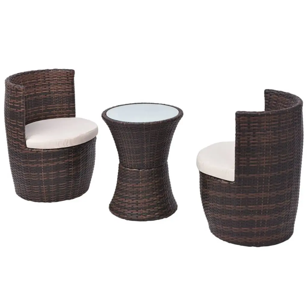 3 Piece Bistro Set Outdoor Rattan Table with Cushions and Curved Backrest Chairs