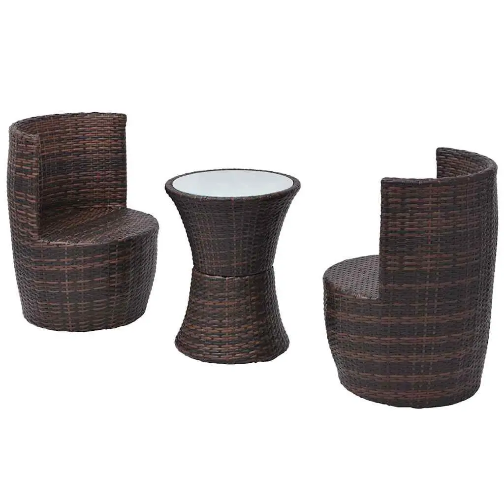 3 Piece Bistro Set Outdoor Rattan Table with Cushions and Curved Backrest Chairs