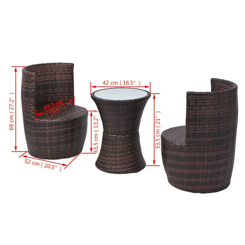 3 Piece Bistro Set Outdoor Rattan Table with Cushions and Curved Backrest Chairs