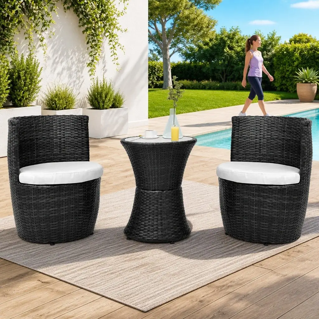 Rattan Patio Bistro Set Ergonomic Curved Backrest 3 Piece