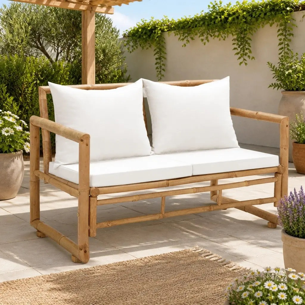 Bamboo Outdoor Sofa 2 Seater with Cushions Brown Weather-Resistant