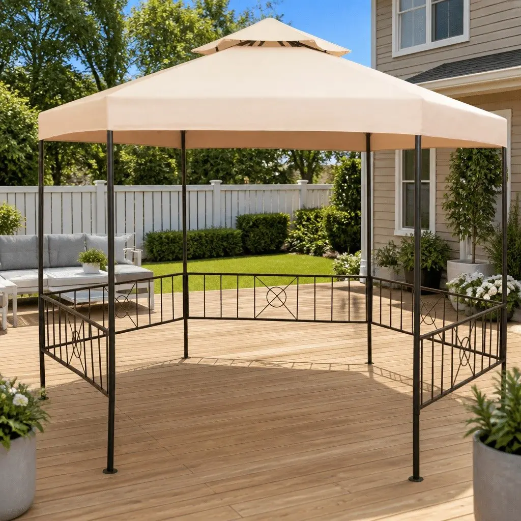Hexagonal Garden Gazebo Pavilion Tent Outdoor Canopy Shade Beige 323 x 265 cm