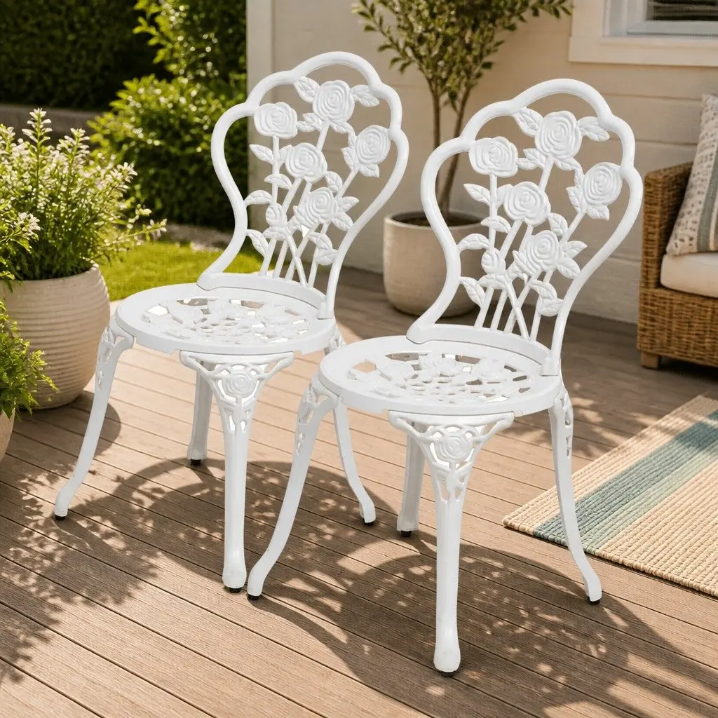 Outdoor Bistro Chairs 2 pcs Cast Aluminium Garden Patio Seating White Floral